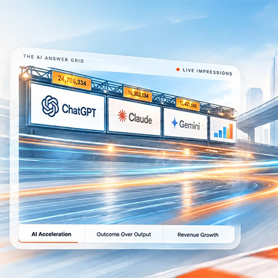 The AI answer grid: live impression counters for ChatGPT, Claude and Gemini trackside hoardings