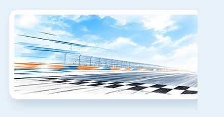 Chequered finish line on a race straight, framed in a card